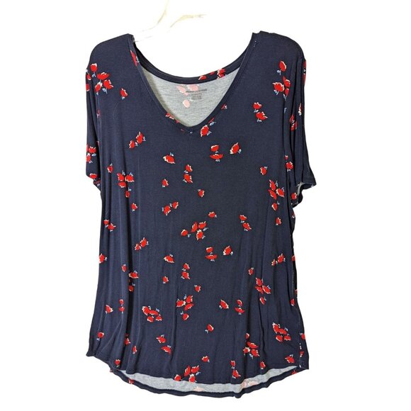 Amazon Women size XXL Dark Blue Red Floral Short Sleeve Blouse Mature Basic Top - Picture 1 of 9